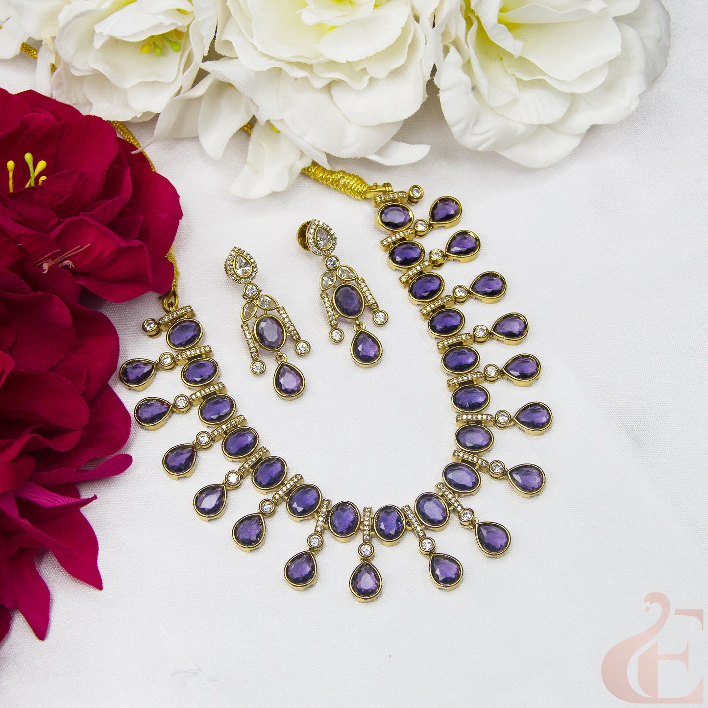 Top view of Elegant Design AD Necklace Set Purple stones 