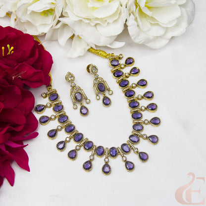 Top view of Elegant Design AD Necklace Set Purple stones 