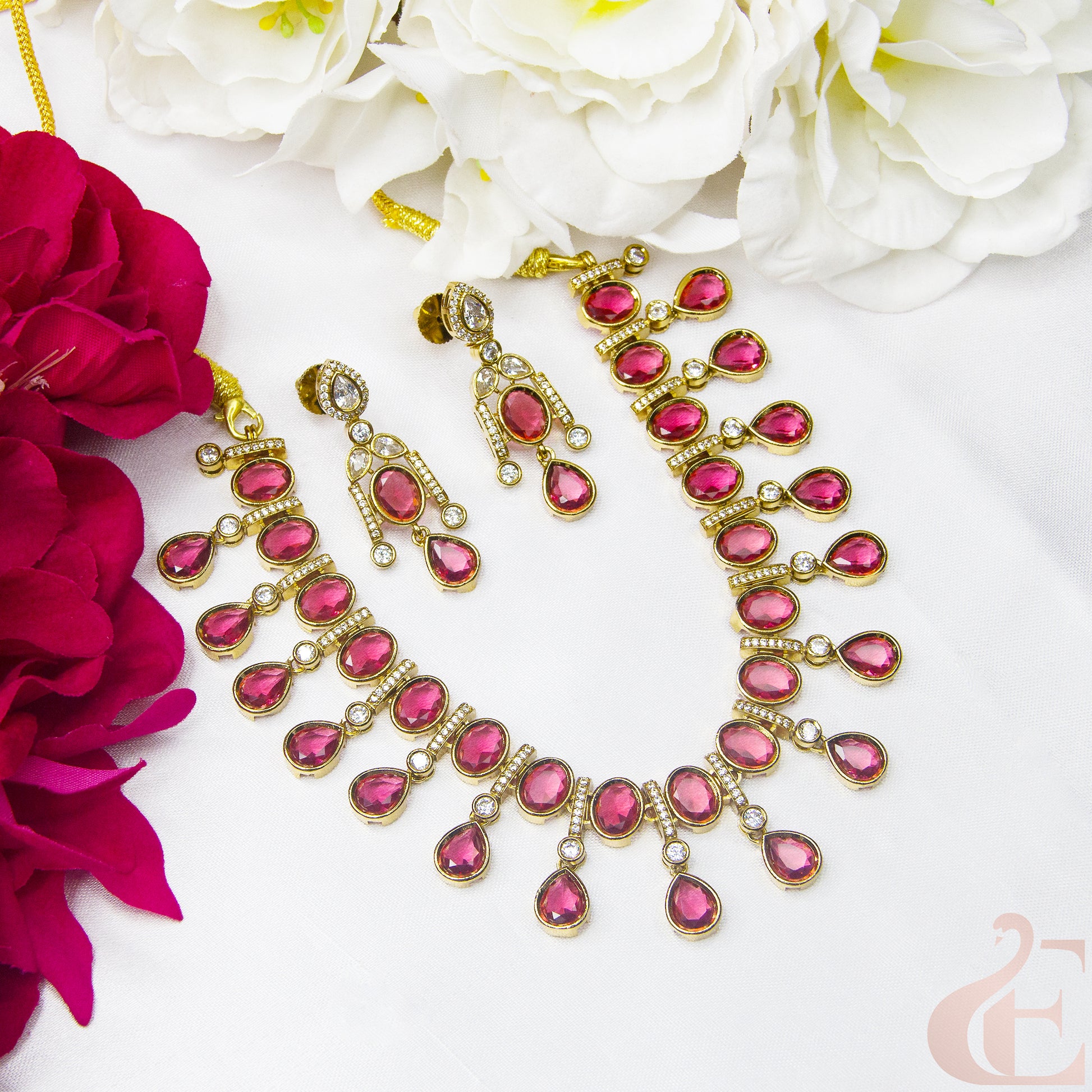 Top view of Elegant Design AD Necklace Set Ruby stones 