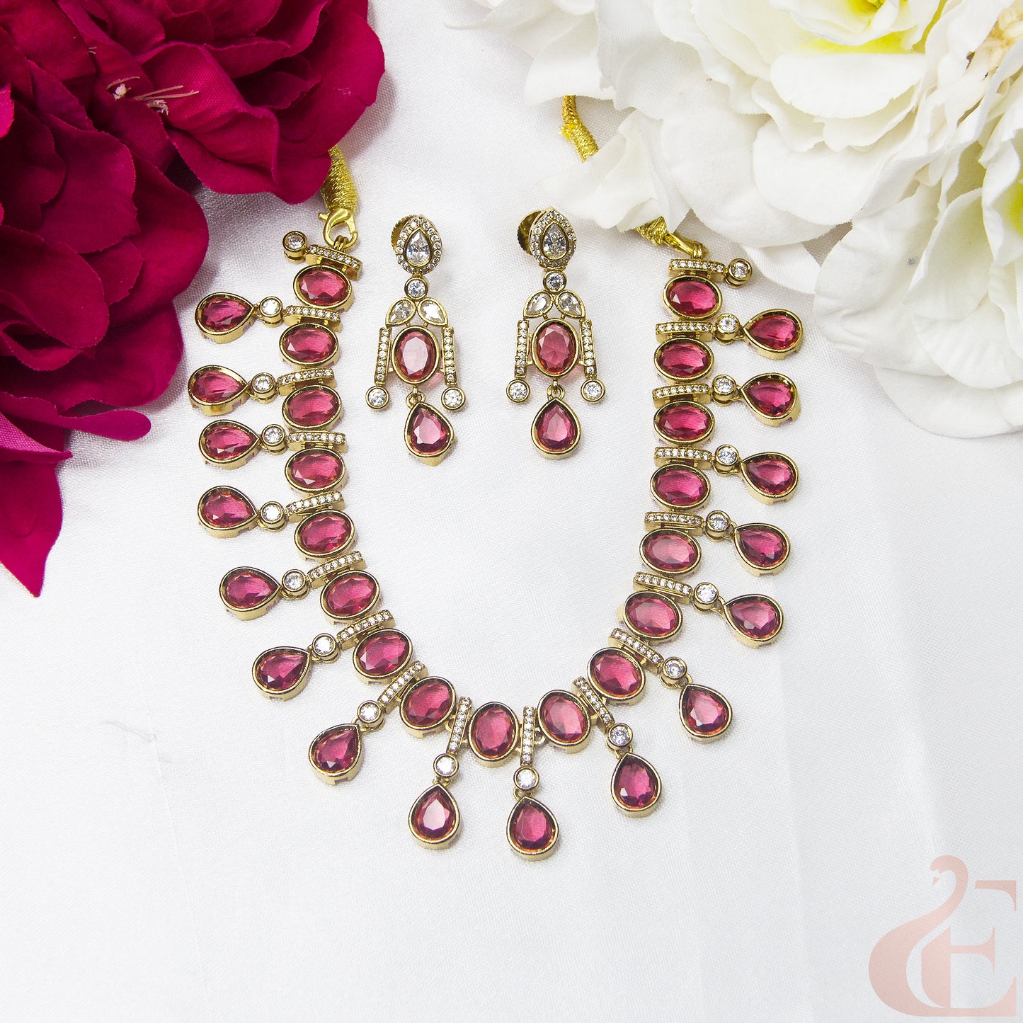 Top view of Elegant Design AD Necklace Set Ruby stones 
