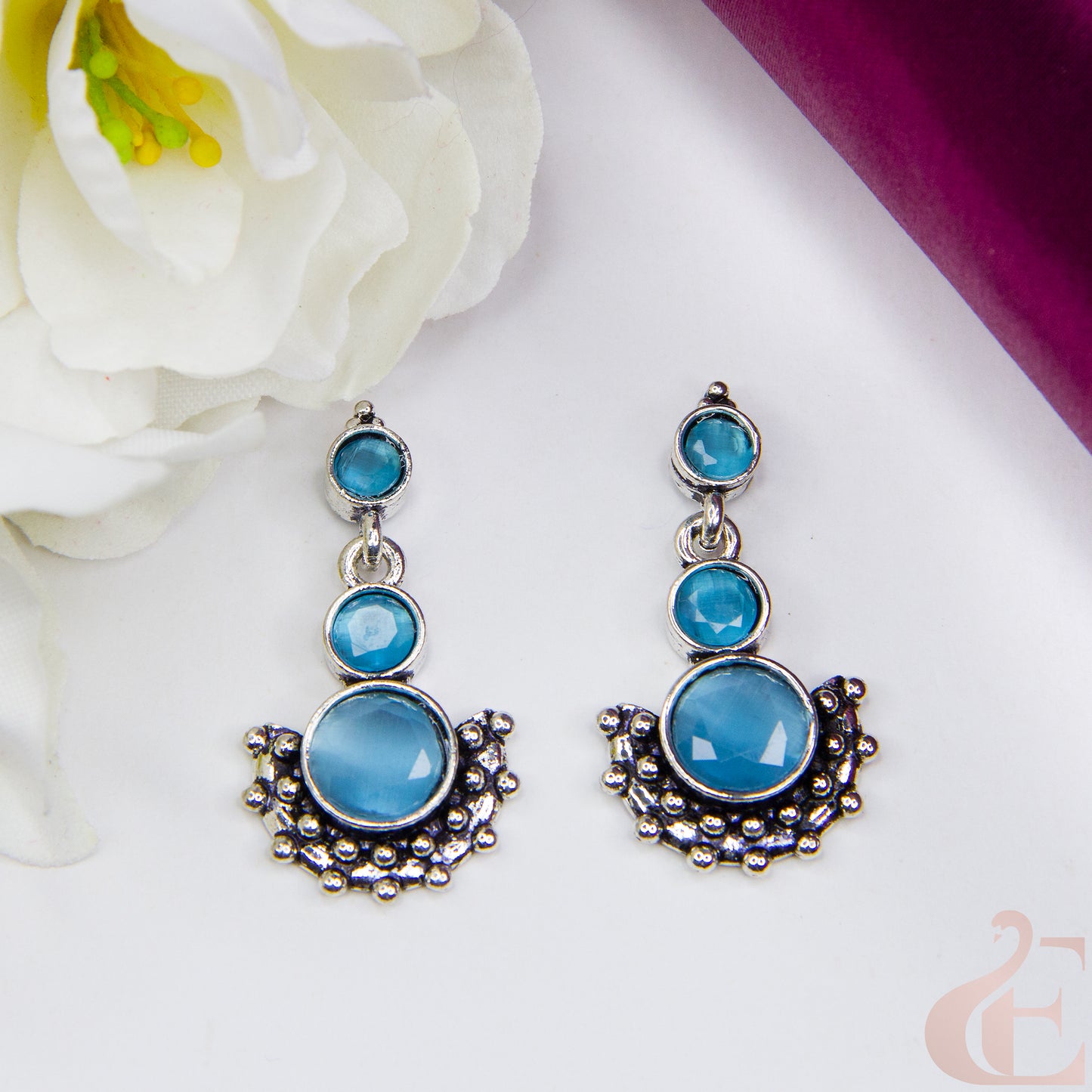 Top view of Elegant Oxidised Silver Earrings Light Blue stone 