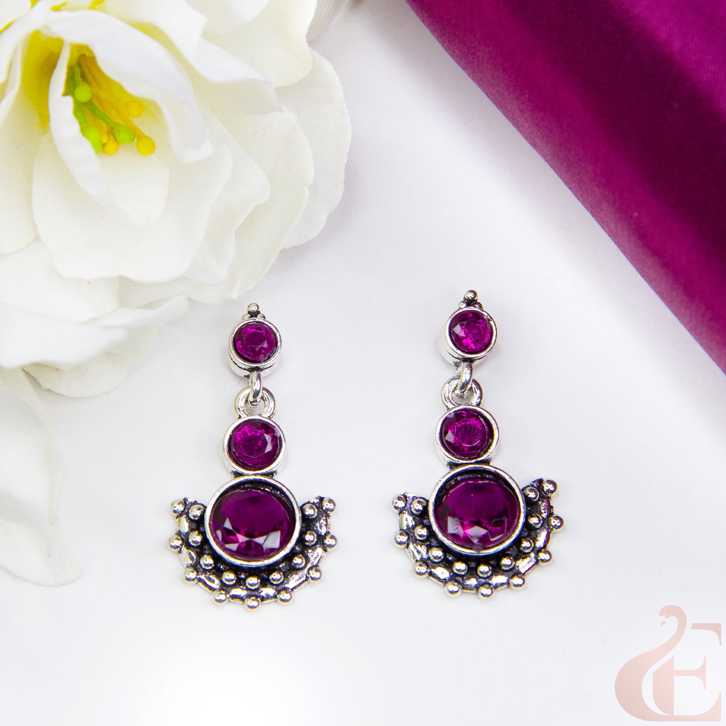 Top view of Elegant Oxidised Silver Earrings Rani Pink stone 