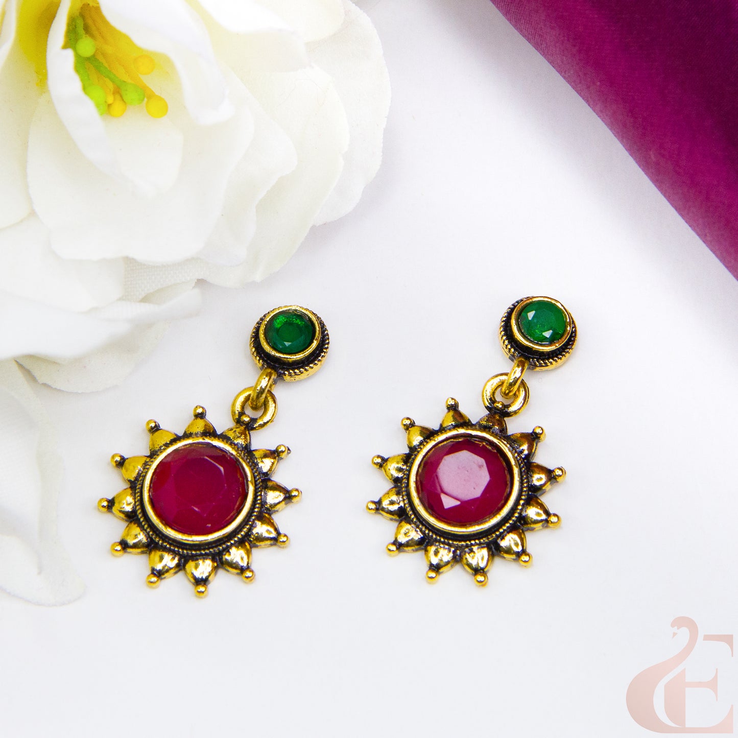 Top view of Elegant Oxidised Silver Earrings Ruby Green stone 10