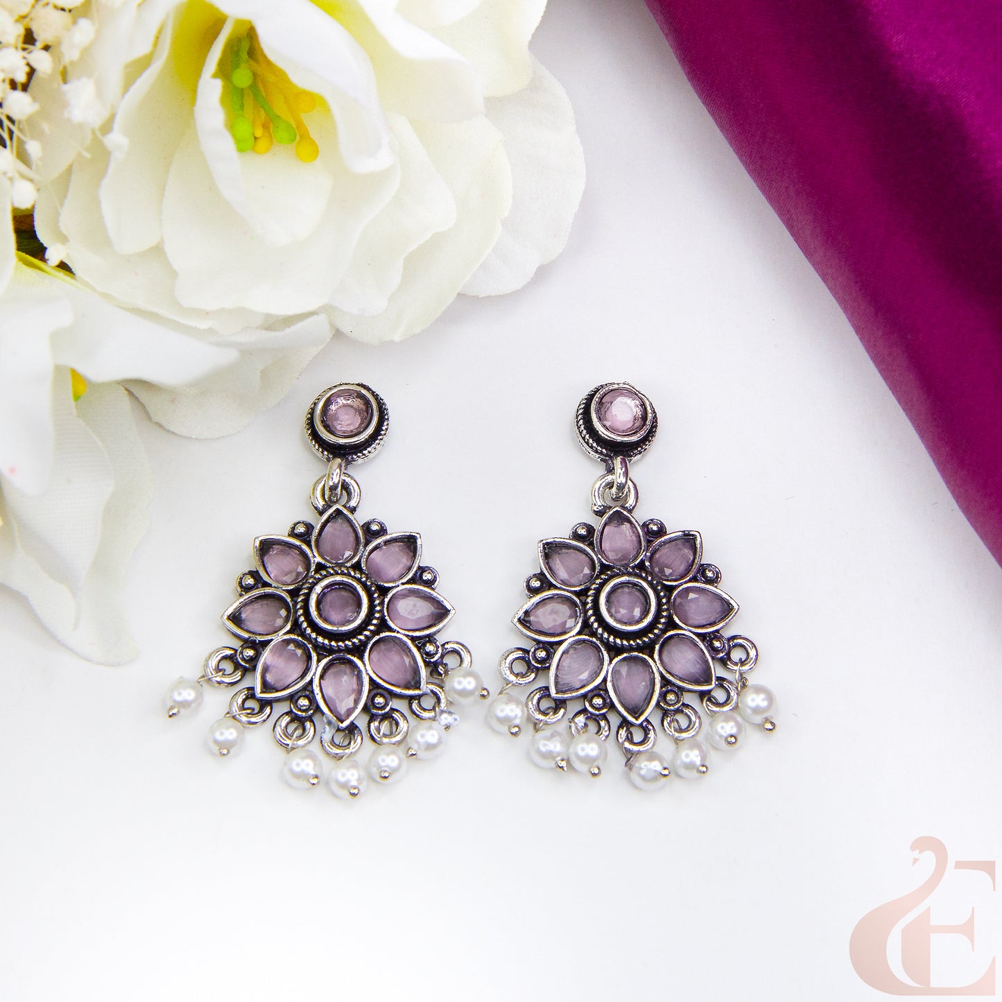 Top view of Elegant Oxidised Silver Floral Earrings Light Pink Stone 