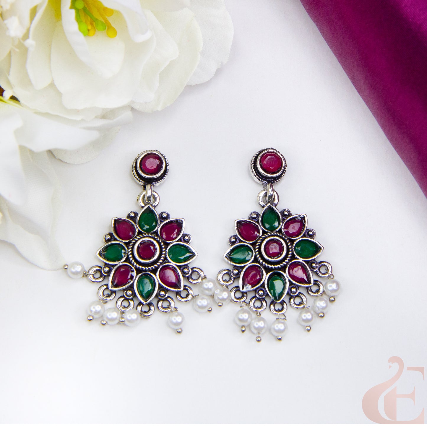 Top view of Elegant Oxidised Silver Floral Earrings Multi Color Stone 