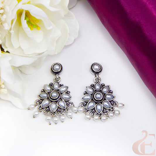 Top view of Elegant Oxidised Silver Floral Earrings Off White Stone 15