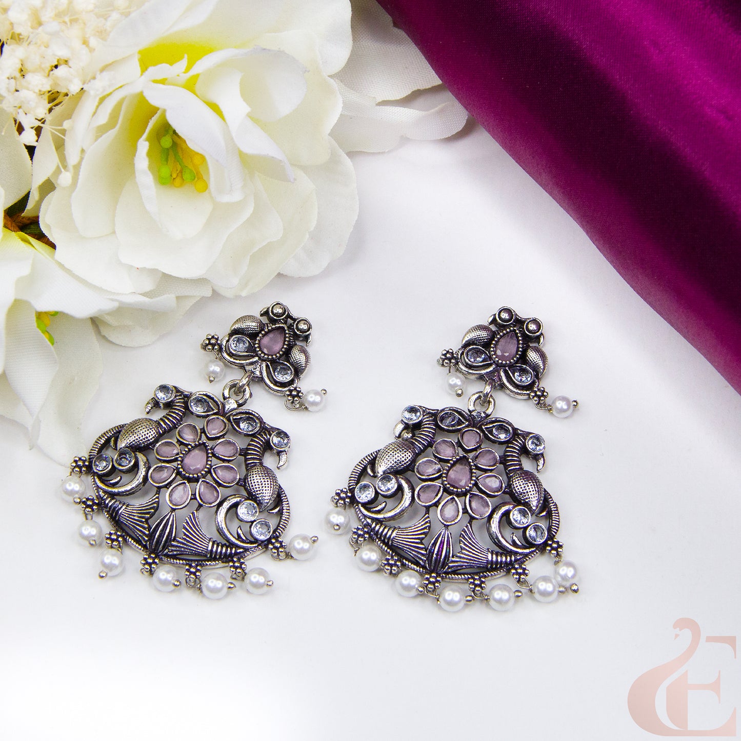 Top view of Elegant Oxidised silver earrings Light Pink  Stone 