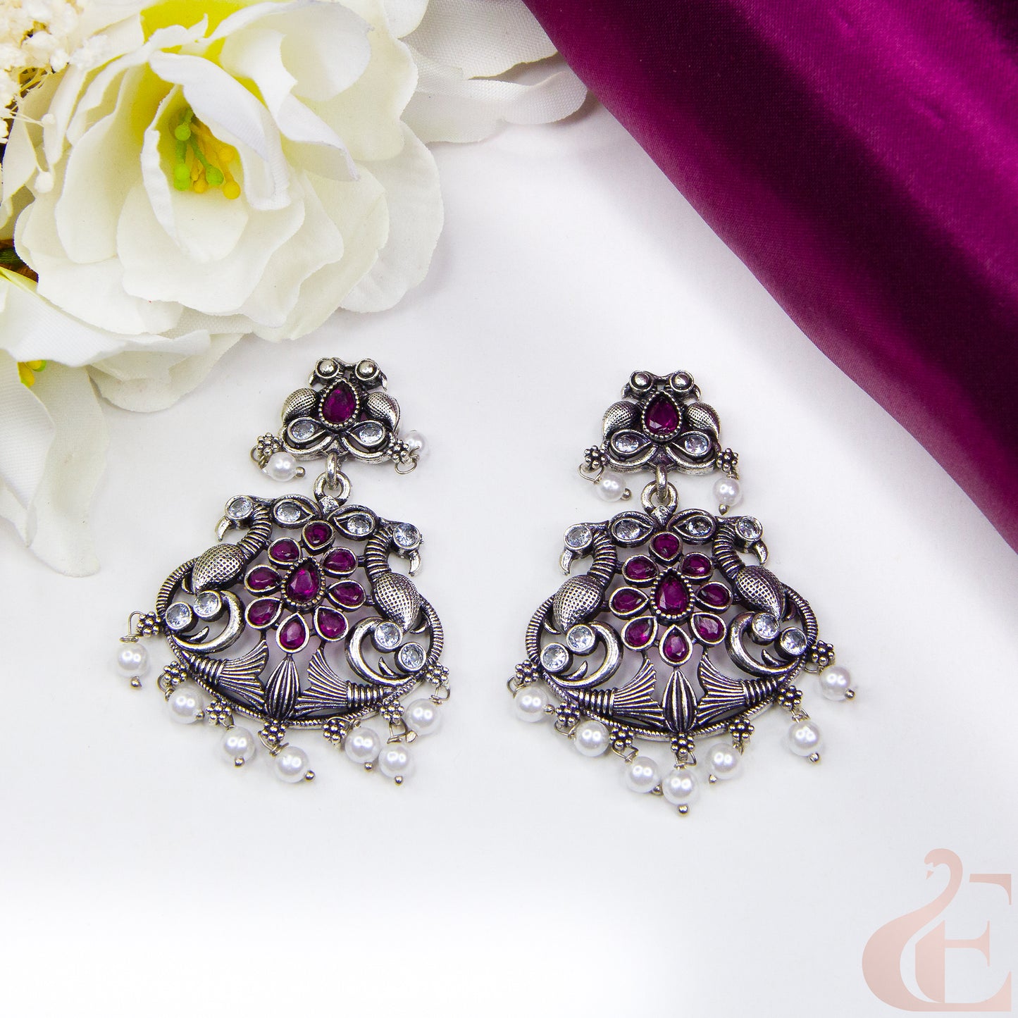  Top view of Elegant Oxidised silver earrings Rani Pink Stone 11