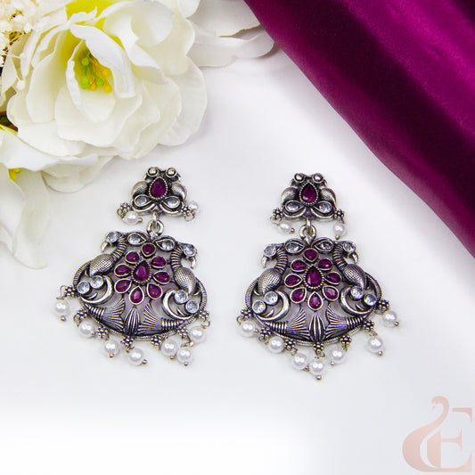 Top view of Elegant Oxidised silver earrings Rani Pink Stone 11