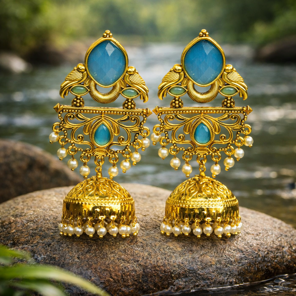 Gold and turquoise earrings on a rock with a natural background