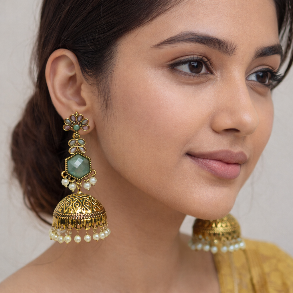 Woman wearing gold and green earrings with a neutral background