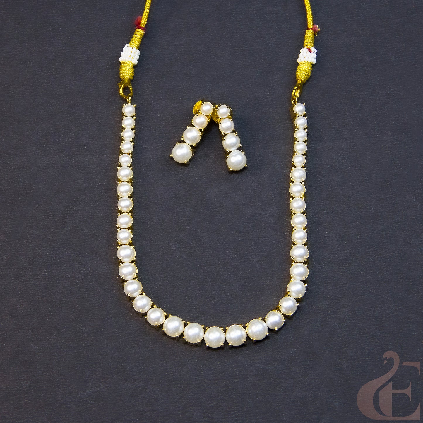 Top view of Ethnic Antique Gold Plated White Pearl Premium Necklace and Earrings 