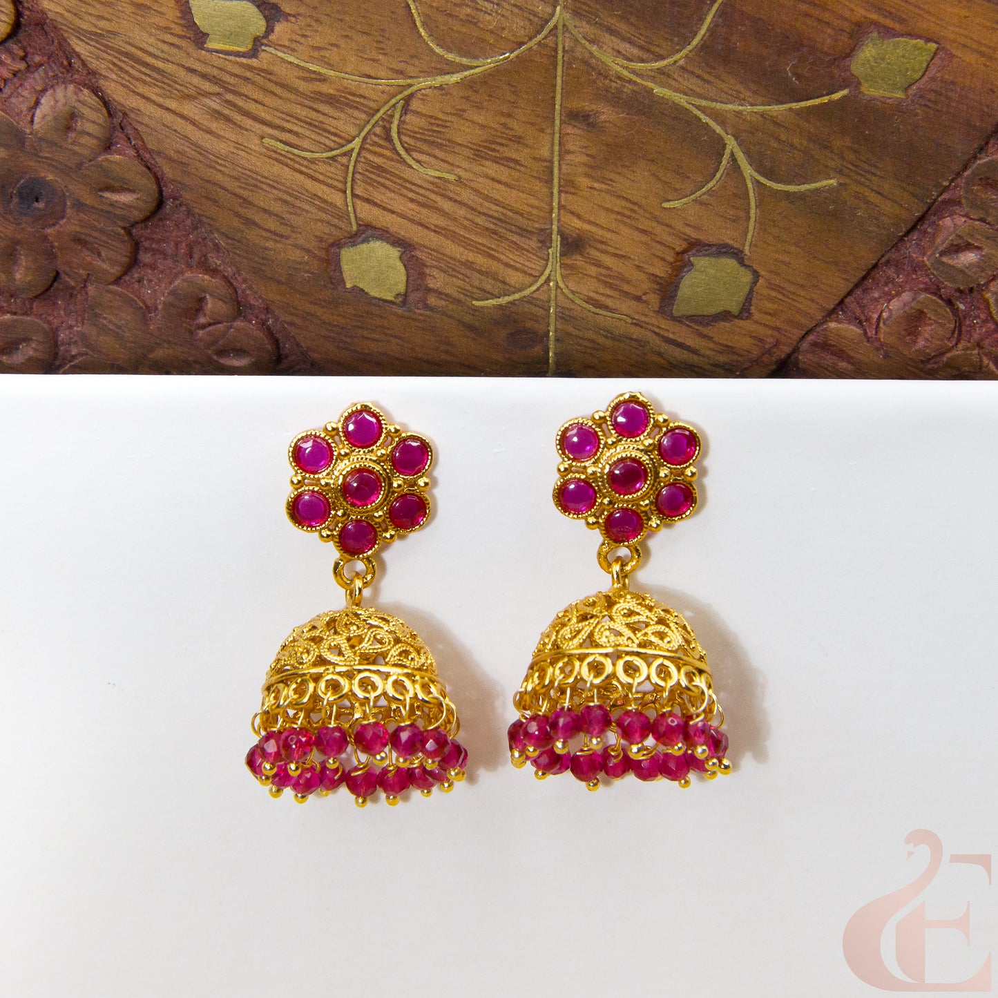 Front view of Antique Earring Light weight Premium Jhumka Ruby stone