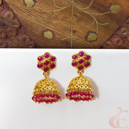 Front view of Antique Earring Light weight Premium Jhumka Ruby stone