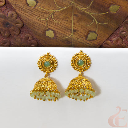 Front view of Antique Earring Light weight Premium Jhumka light green stone
