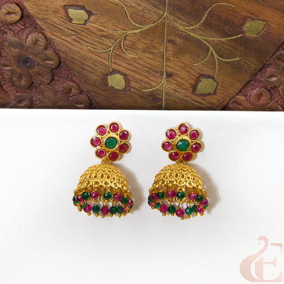 Front view of Antique Earring Light weight Premium Jhumka  ruby green Stone