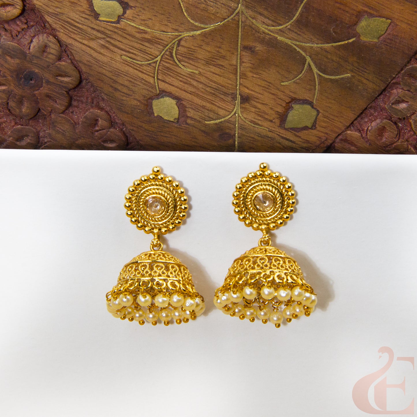 Front view of Antique Earring Light weight Premium Jhumka white stone