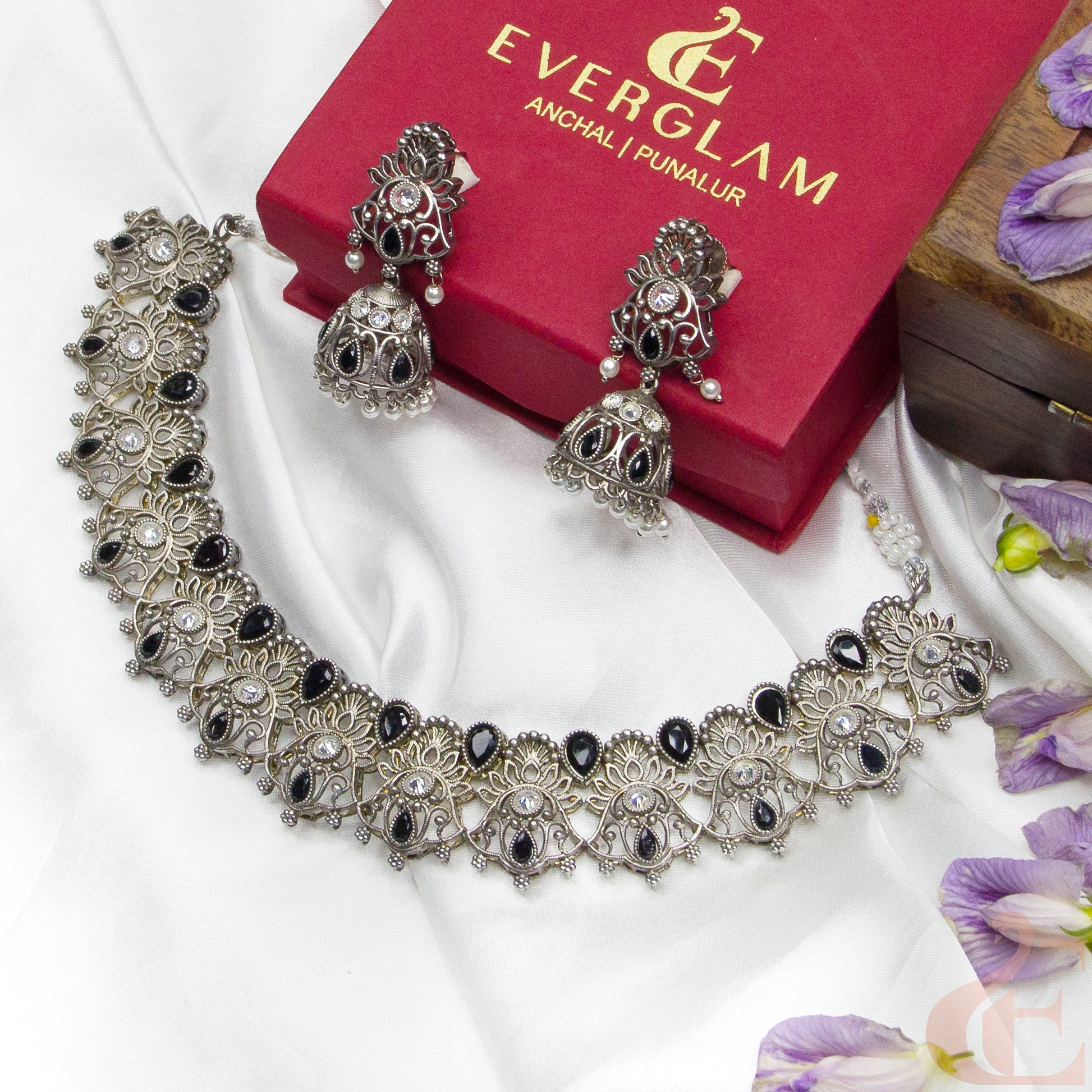 Top view of German Silver Replica Necklace & Jhumka black and ad stones