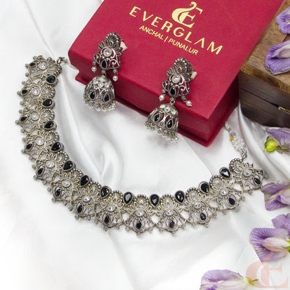 Top view of German Silver Replica Necklace & Jhumka black and ad stones