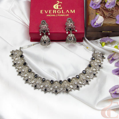 Top view of German Silver Replica Necklace & Jhumka black and ad stones 