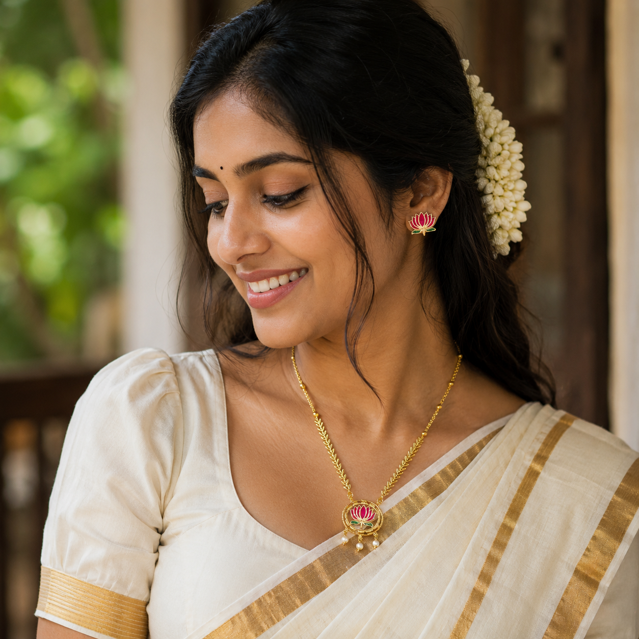 Woman in traditional attire with jewelry, smiling outdoors.