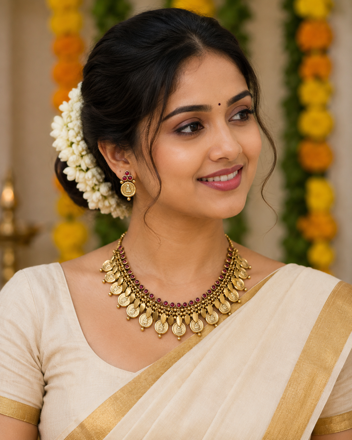 A woman wearing a traditional cream and gold saree with a prominent gold coin necklace and matching earrings, set against a festive background of yellow and orange flower garlands.