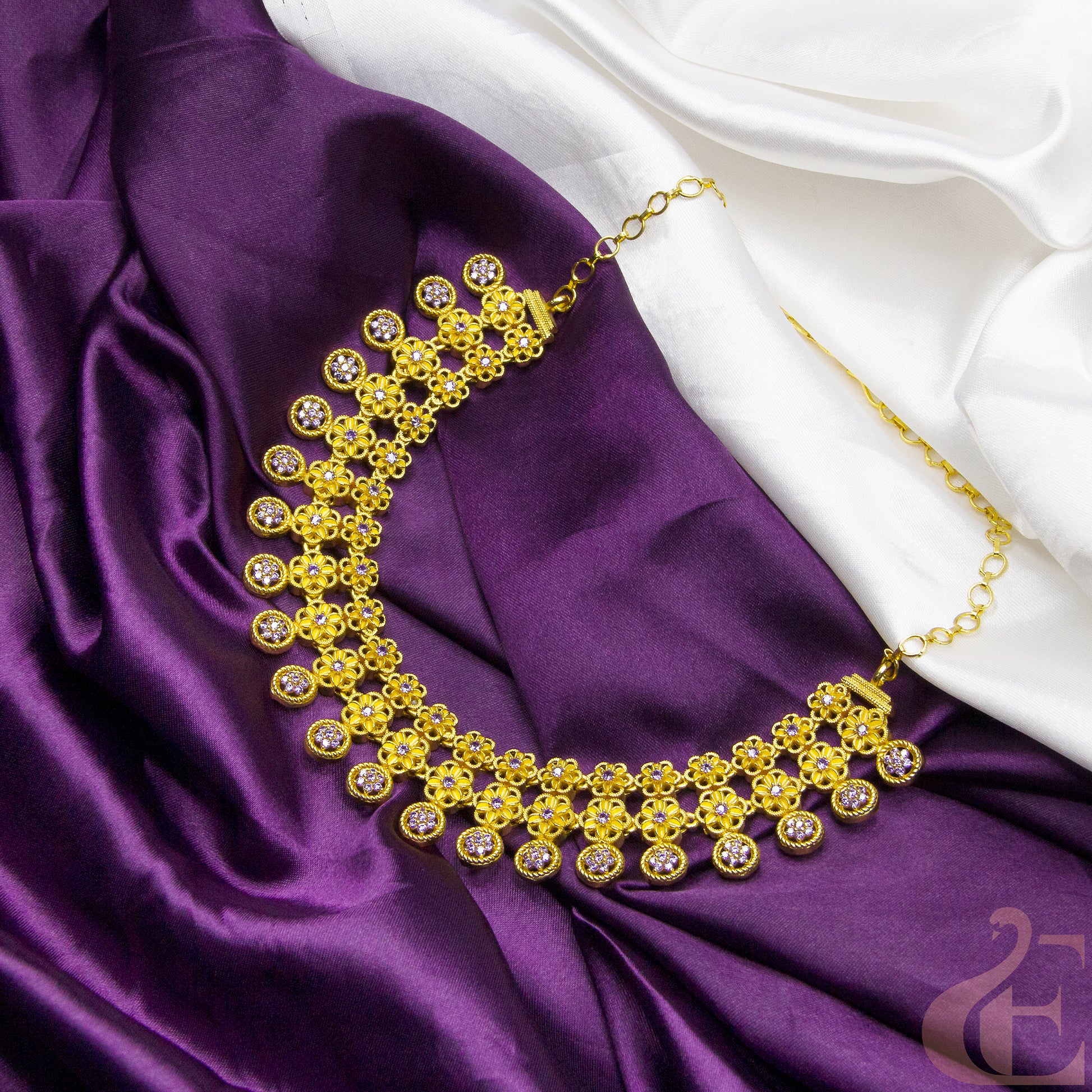 Top view of Gold Finish AD Stone Necklace 01 lavender stones 