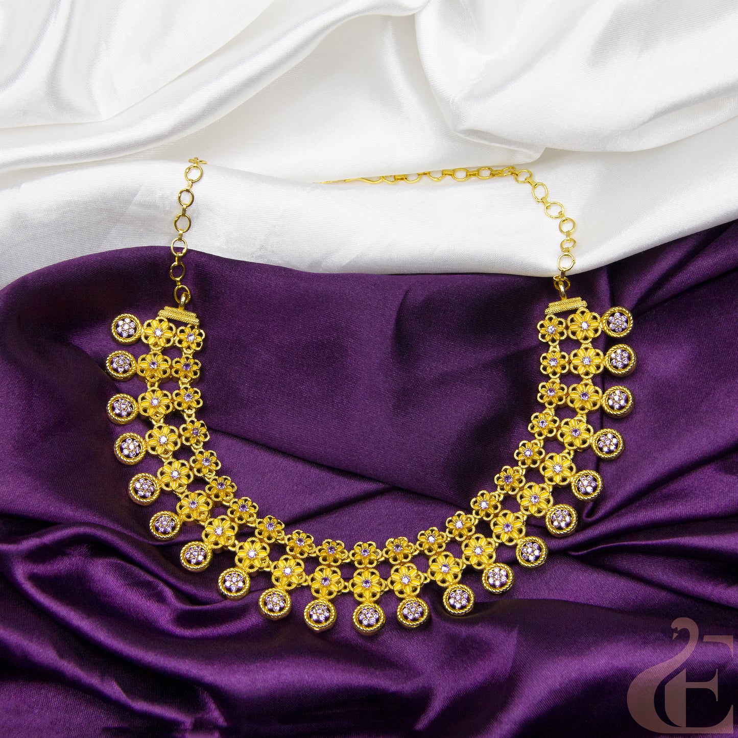 Top view of Gold Finish AD Stone Necklace Lavender stones 