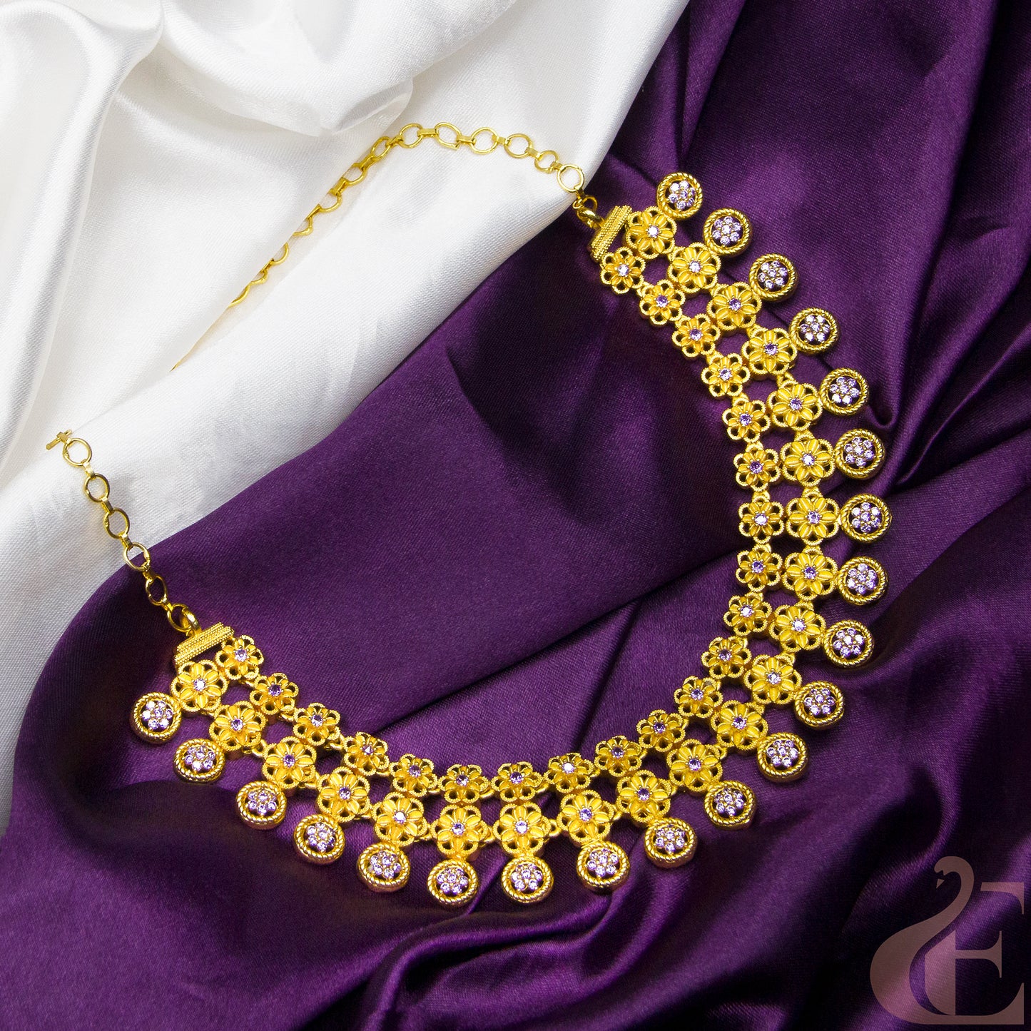 Top view of Gold Finish AD Stone Necklace Lavender stones 