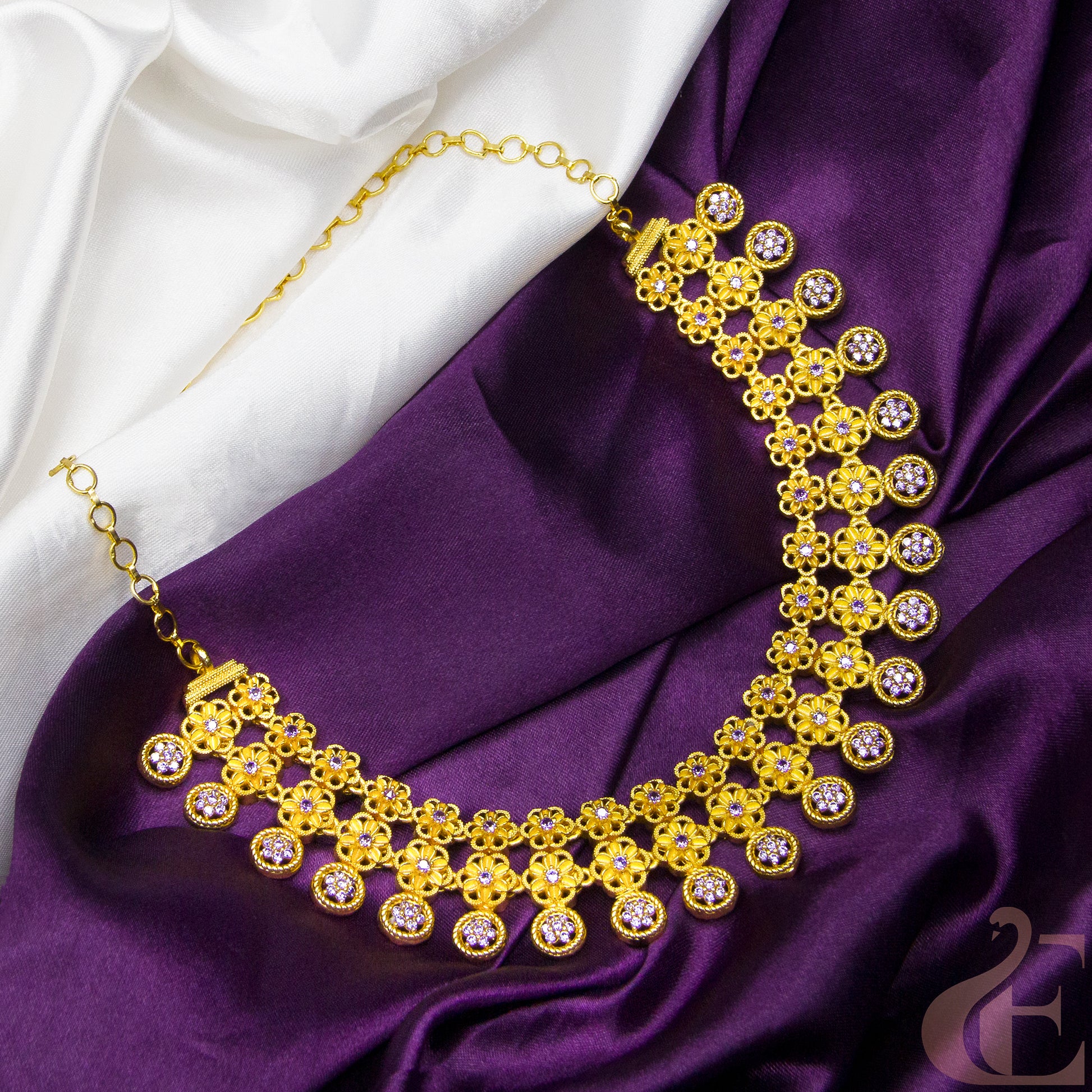 Top view of Gold Finish AD Stone Necklace Lavender stones 