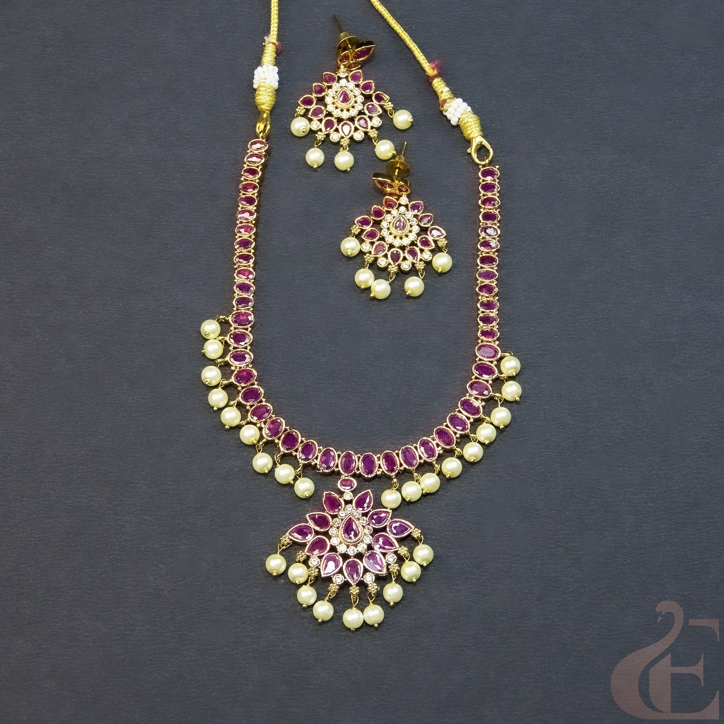 Top view of Gold Plated AD Necklace & Earrings ,Ruby stones 