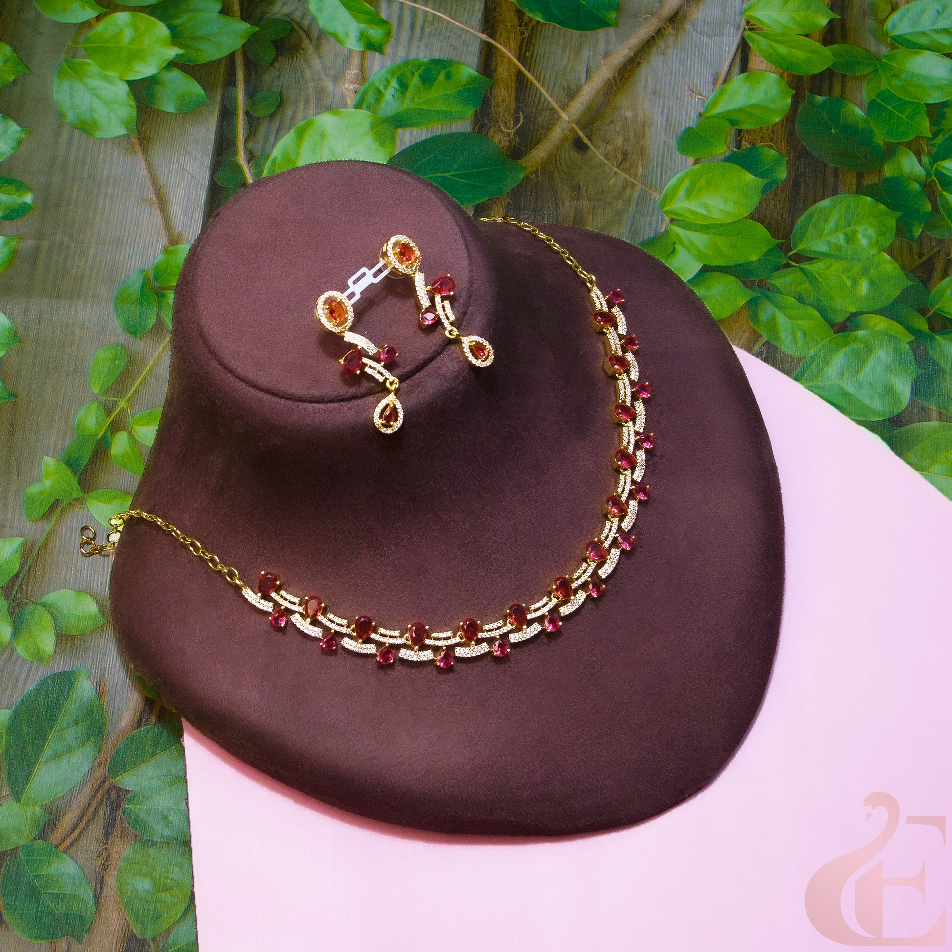 Top View of Gold Plated AD Necklace & Earrings Ruby Stone 