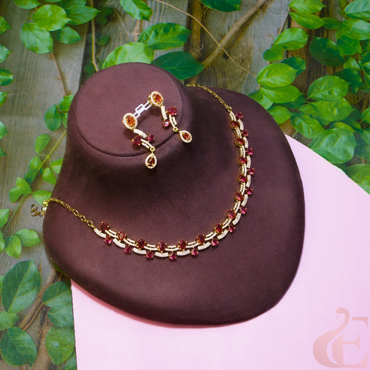 Top View of Gold Plated AD Necklace & Earrings Ruby Stone 