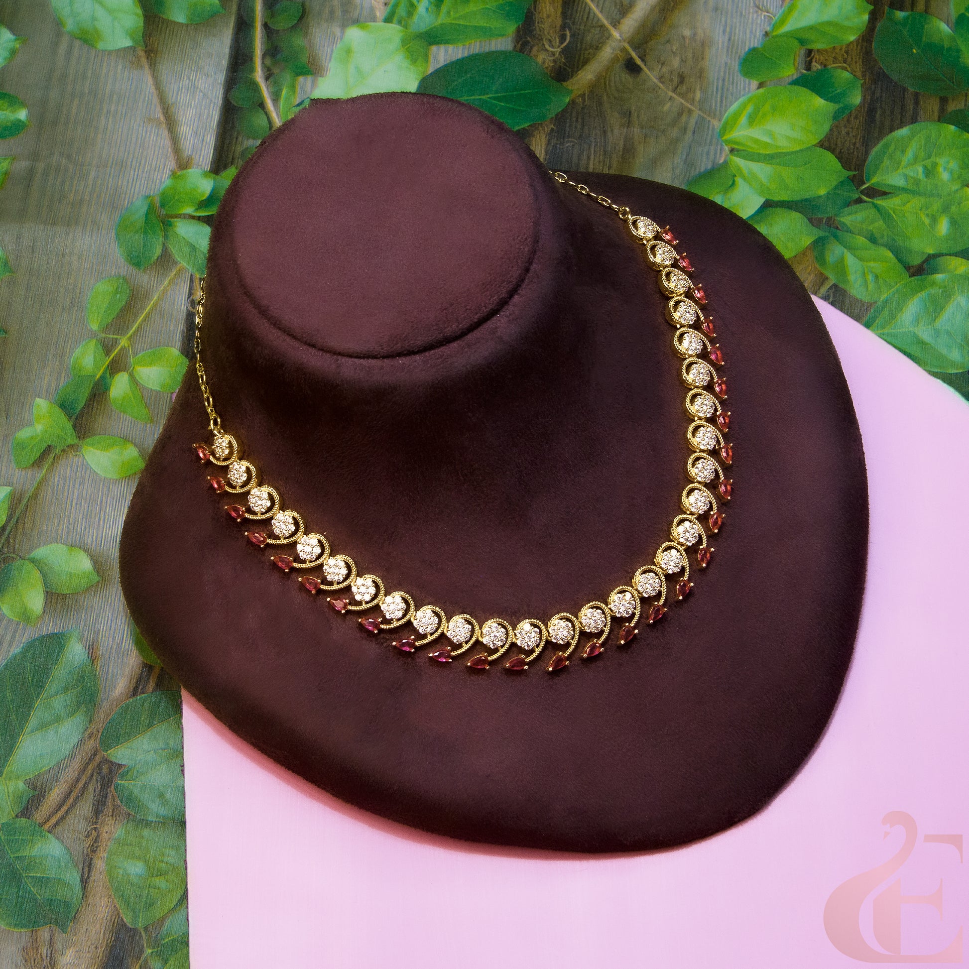 Top view of Gold Plated AD Necklace Ruby Stone