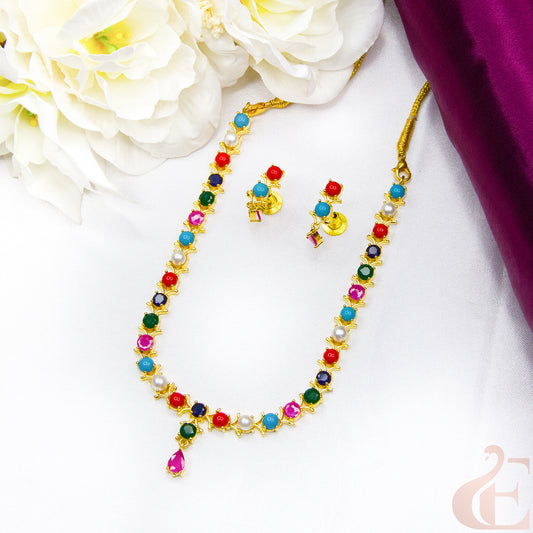Top view of Gold Plated AD Stone & Pearl Necklace & Earrings Multi color 
