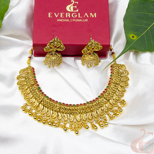 Top view of Gold Plated Necklace & Jhumka , Green ruby stones 