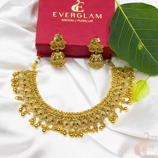 Top view of Gold Plated Necklace & Jhumka Green ruby stones 