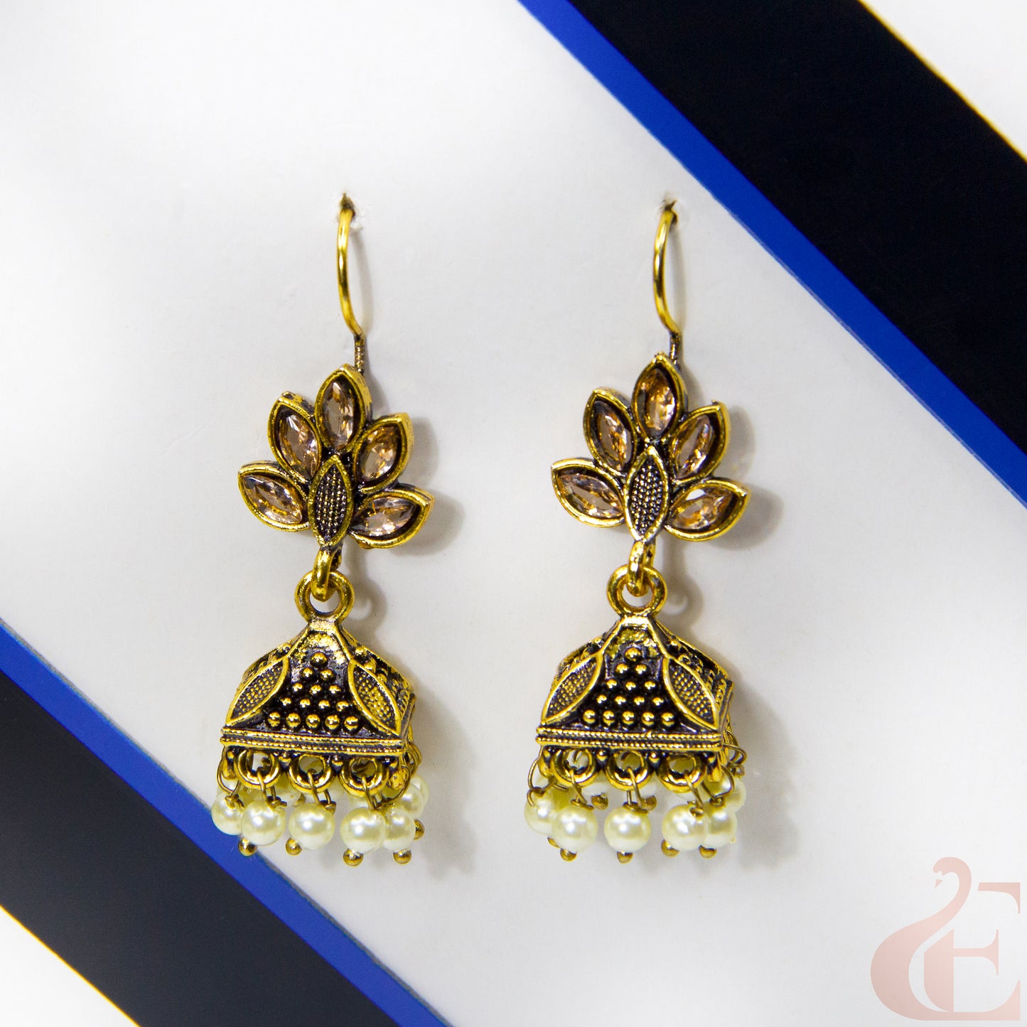 Front view of Jhumka oxidised mehndi Hook design earrings Crystal Brown stone 