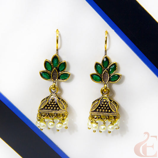 Front view of Jhumka oxidised mehndi Hook design earrings Green stone 