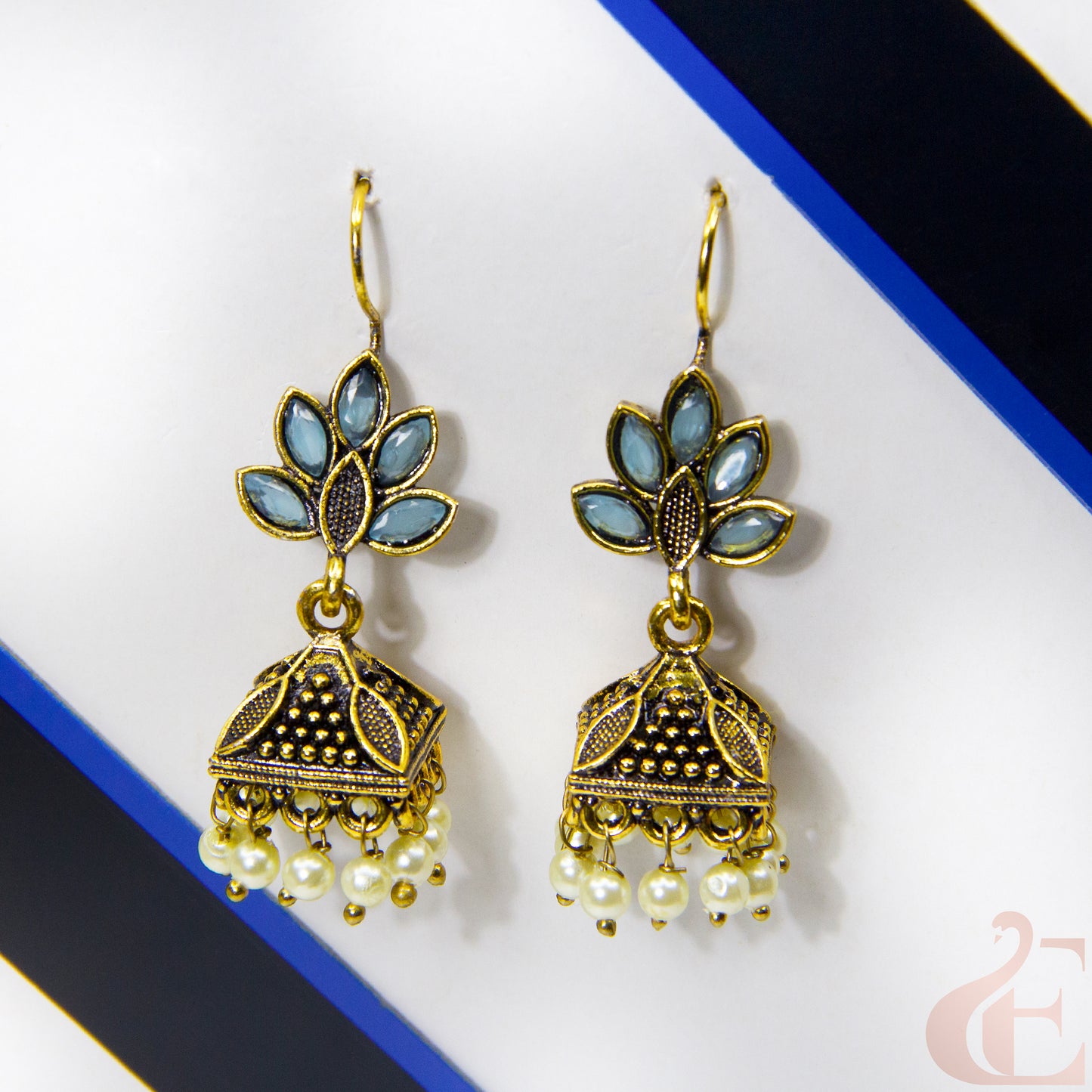 Front view of Jhumka oxidised mehndi Hook design earrings Light Blue stone 