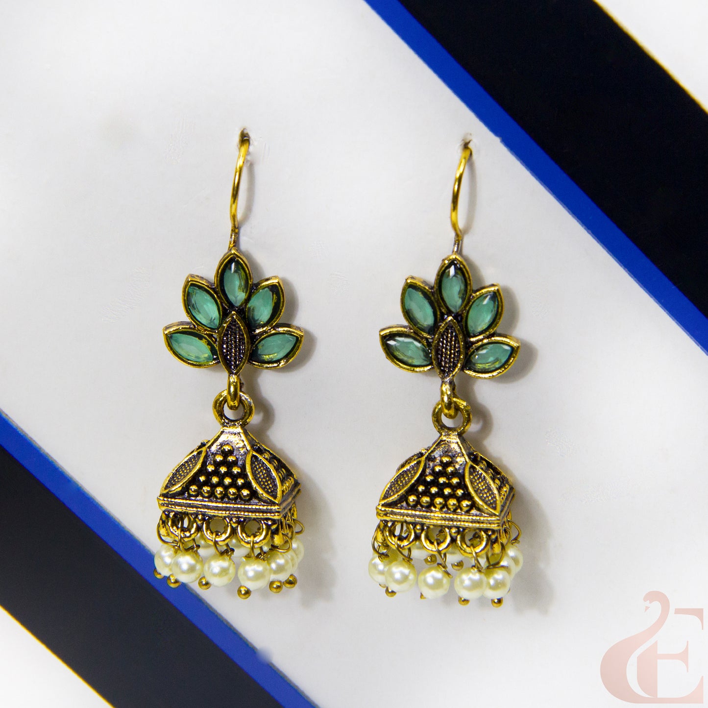 Front view of Jhumka oxidised mehndi Hook design earrings Light Green stone 