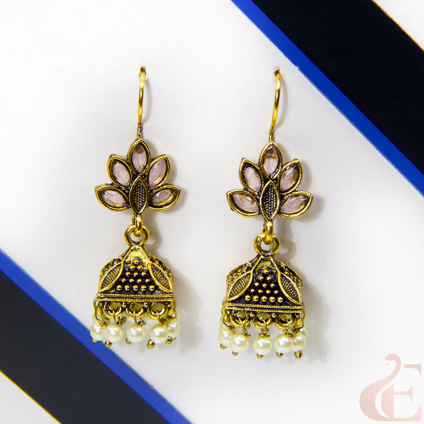 Front view of Jhumka oxidised mehndi Hook design earrings Light Pink stone 
