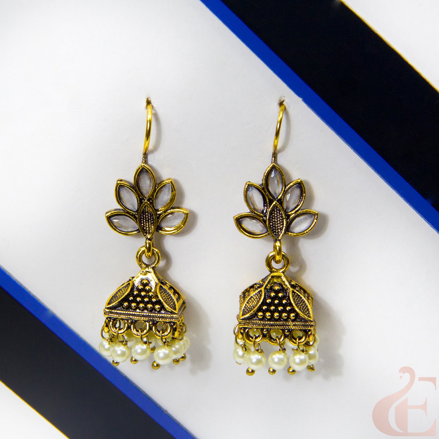 Front view of Jhumka oxidised mehndi Hook design earrings Off White stone 