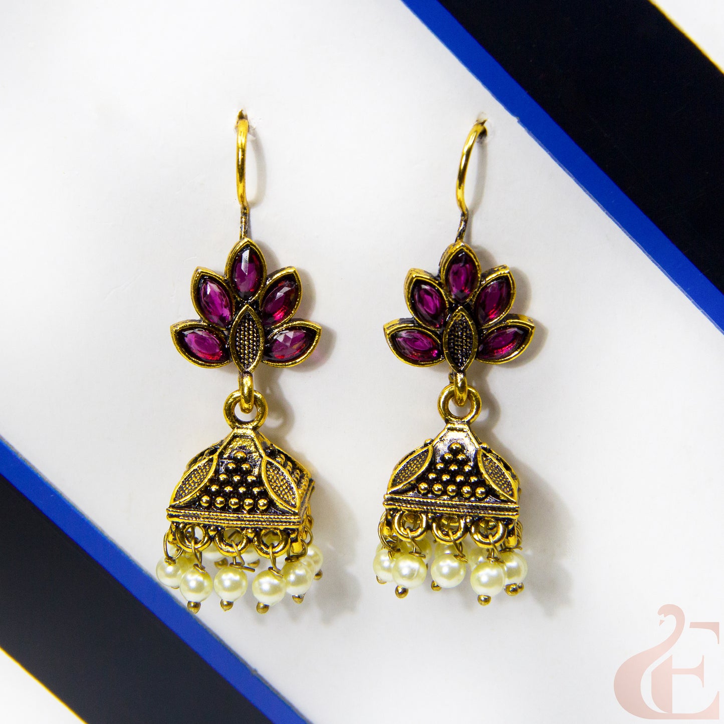 Front view of Jhumka oxidised mehndi Hook design earrings Rani Pink stone 