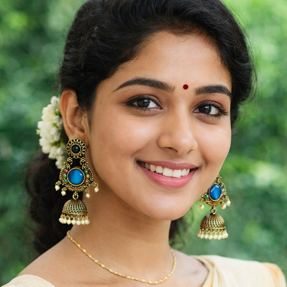 Woman wearing traditional earrings with a blurred green background