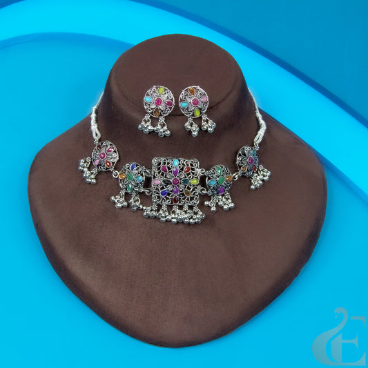 Oxidized Multi Colour Choker  & Earrings