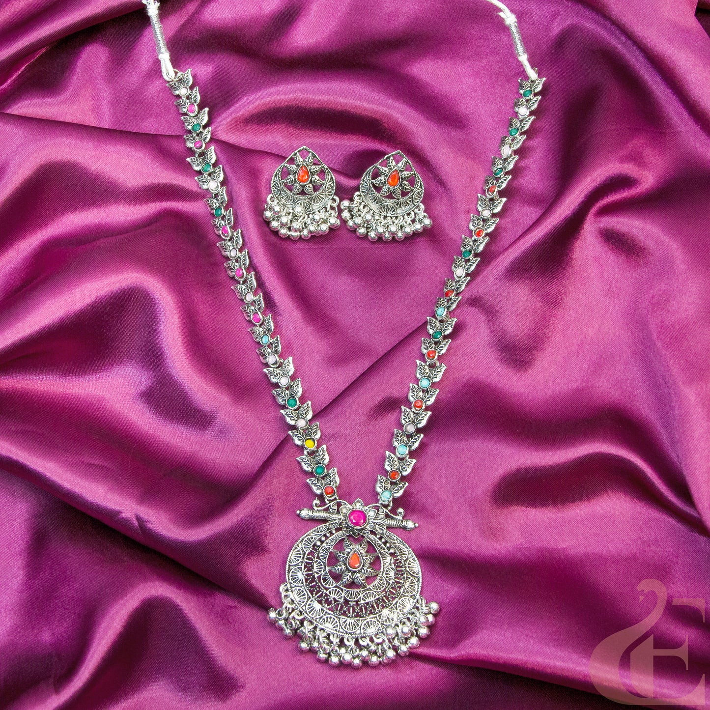 Oxidized Long Multi Colour Necklace & Earrings