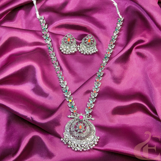 Oxidized Long Multi Colour Necklace & Earrings