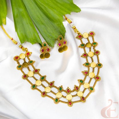 Top view of Kemp Three Layer With Lakshmi Coin Neckpiece Ruby Green stones 