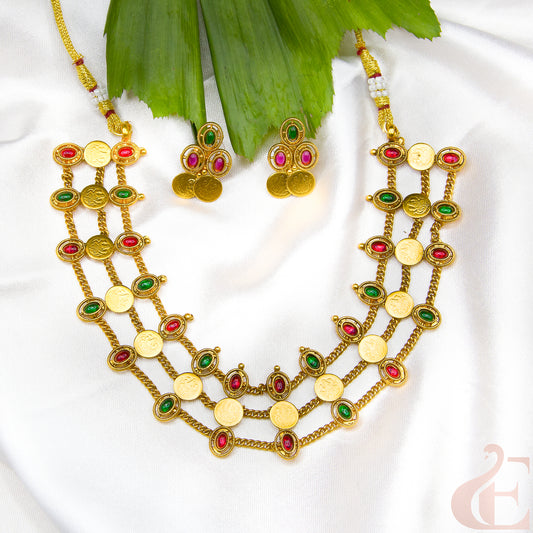 Top view of Kemp Three Layer With Lakshmi Coin Neckpiece Ruby Green stones 
